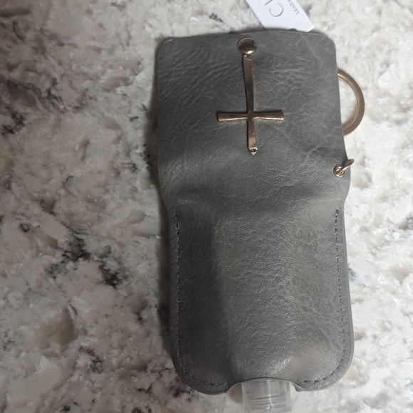 Grey  Leather Cross Hand Sanitizer Holder Keychain - Picture 5 of 5